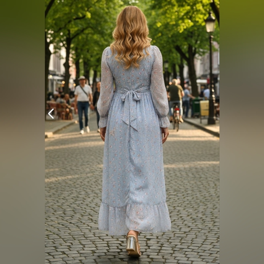 Meadowlark Cottagecore Bridgerton Milk Maid Fairy Dress, Sky Blue NWOT Sz L? - Picture 4 of 13